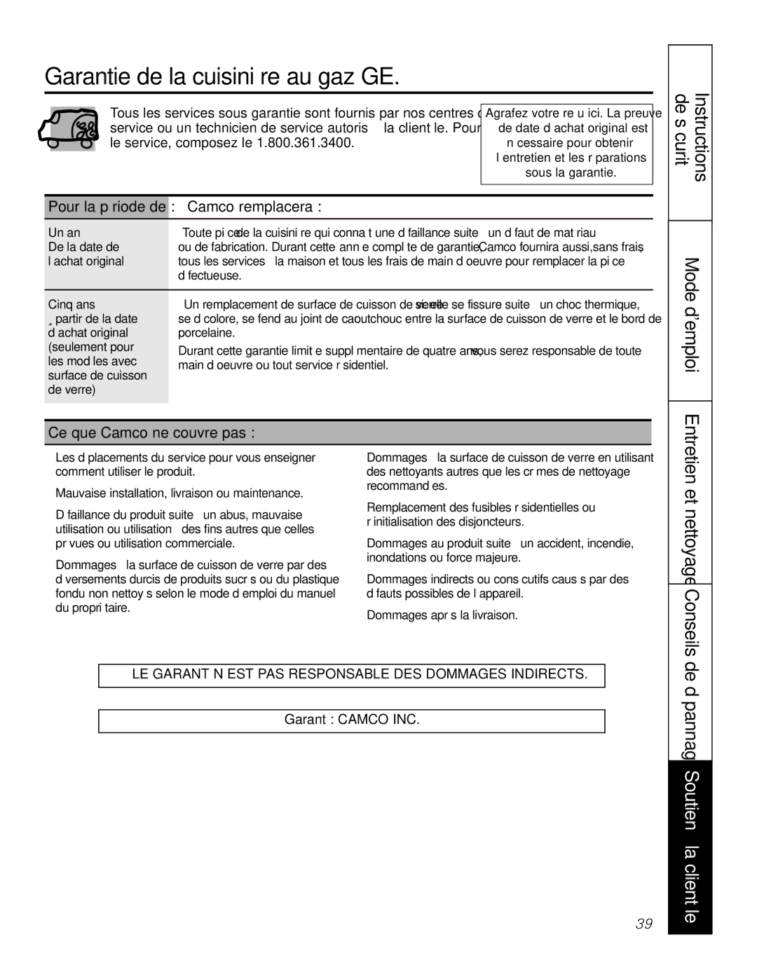 GE JGS905 owner manual Garantie de la cuisinière au gaz GE, Demploi, Mode, Camco remplacera, Ce que Camco ne couvre pas 