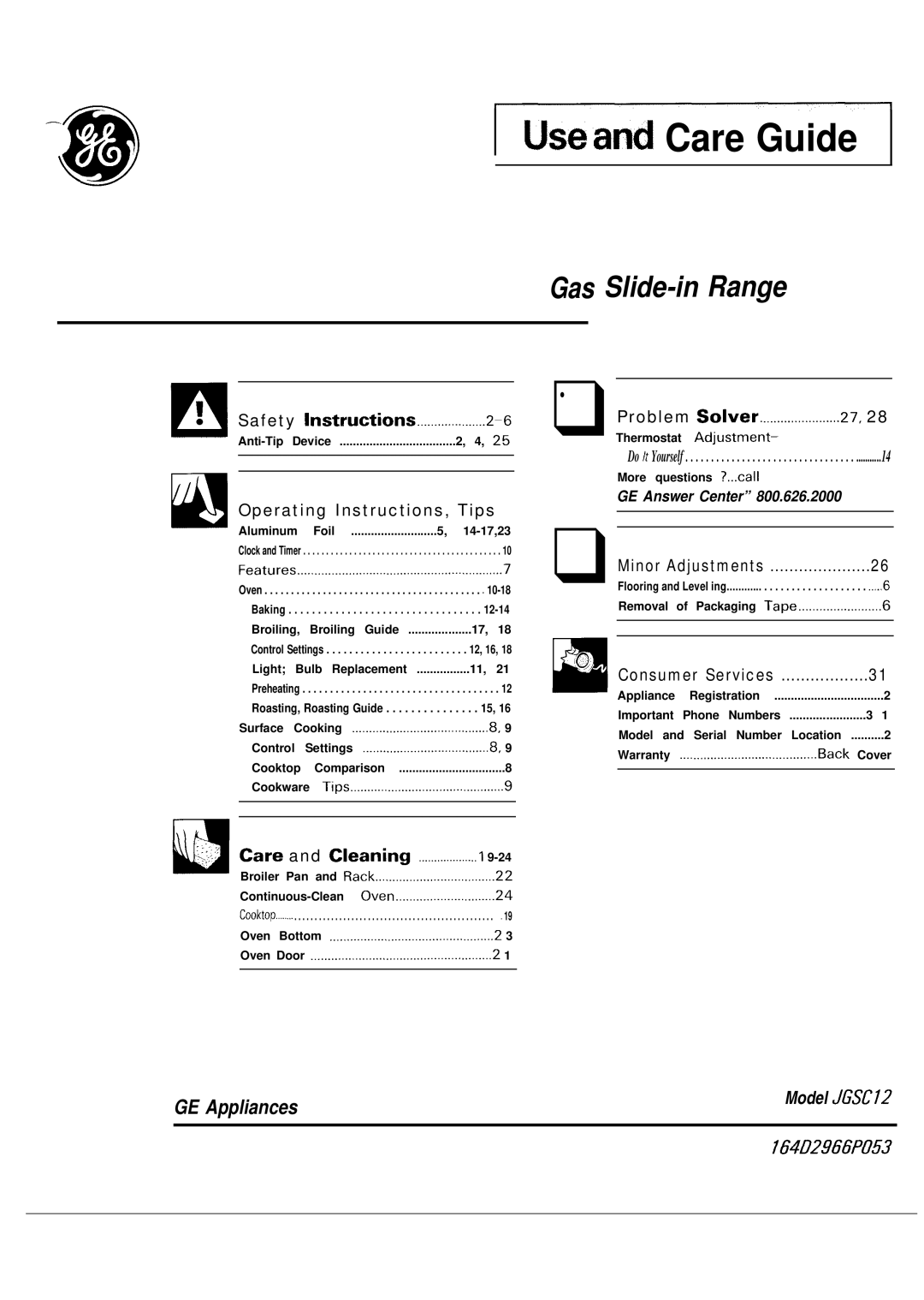 GE 164D2966P053, JGSC12 operating instructions Useand Care Guide 