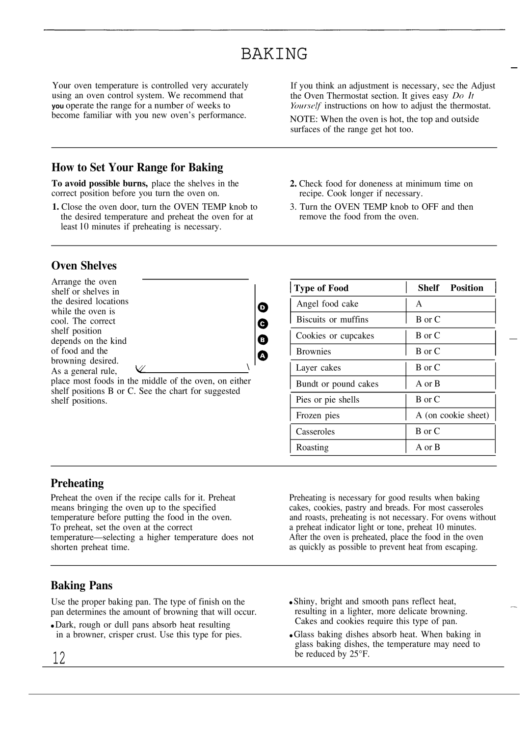 GE JGSC12, 164D2966P053 operating instructions How to Set Your Range for Baking, Oven Shelves, Preheating, Baking Pans 