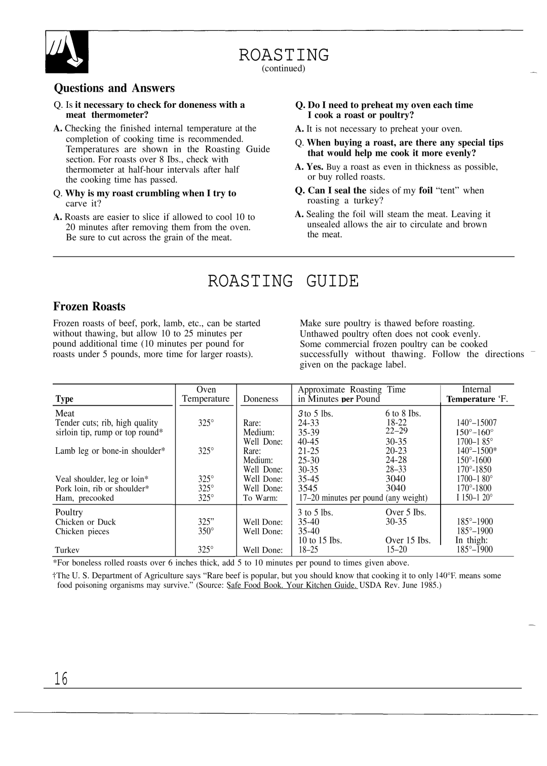 GE JGSC12, 164D2966P053 operating instructions Roasting Guide, Questions and Answers, Frozen Roasts, Type 