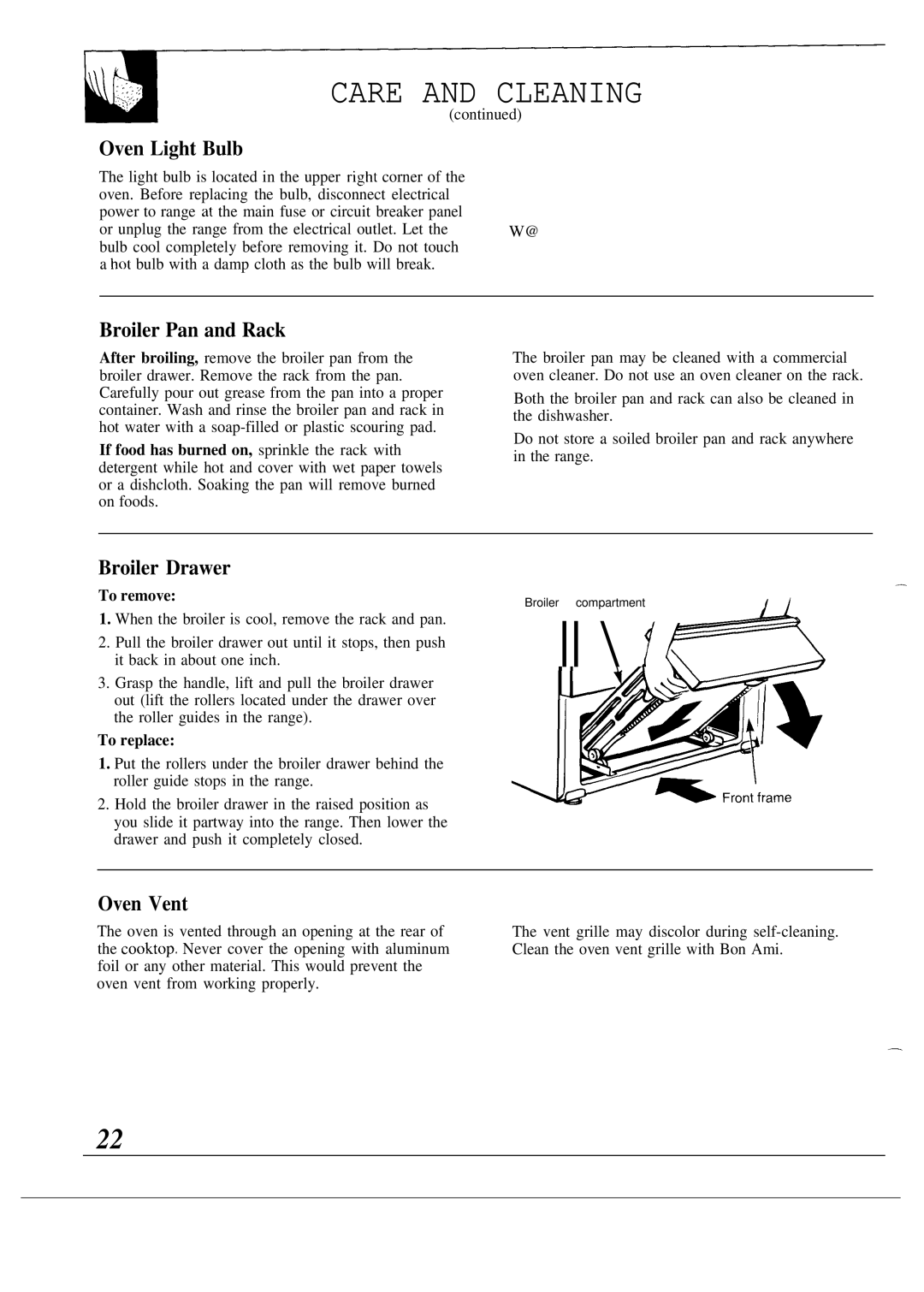 GE JGSC12, 164D2966P053 operating instructions Oven Light Bulb, Broiler Pan and Rack, Broiler Drawer, To remove, To replace 