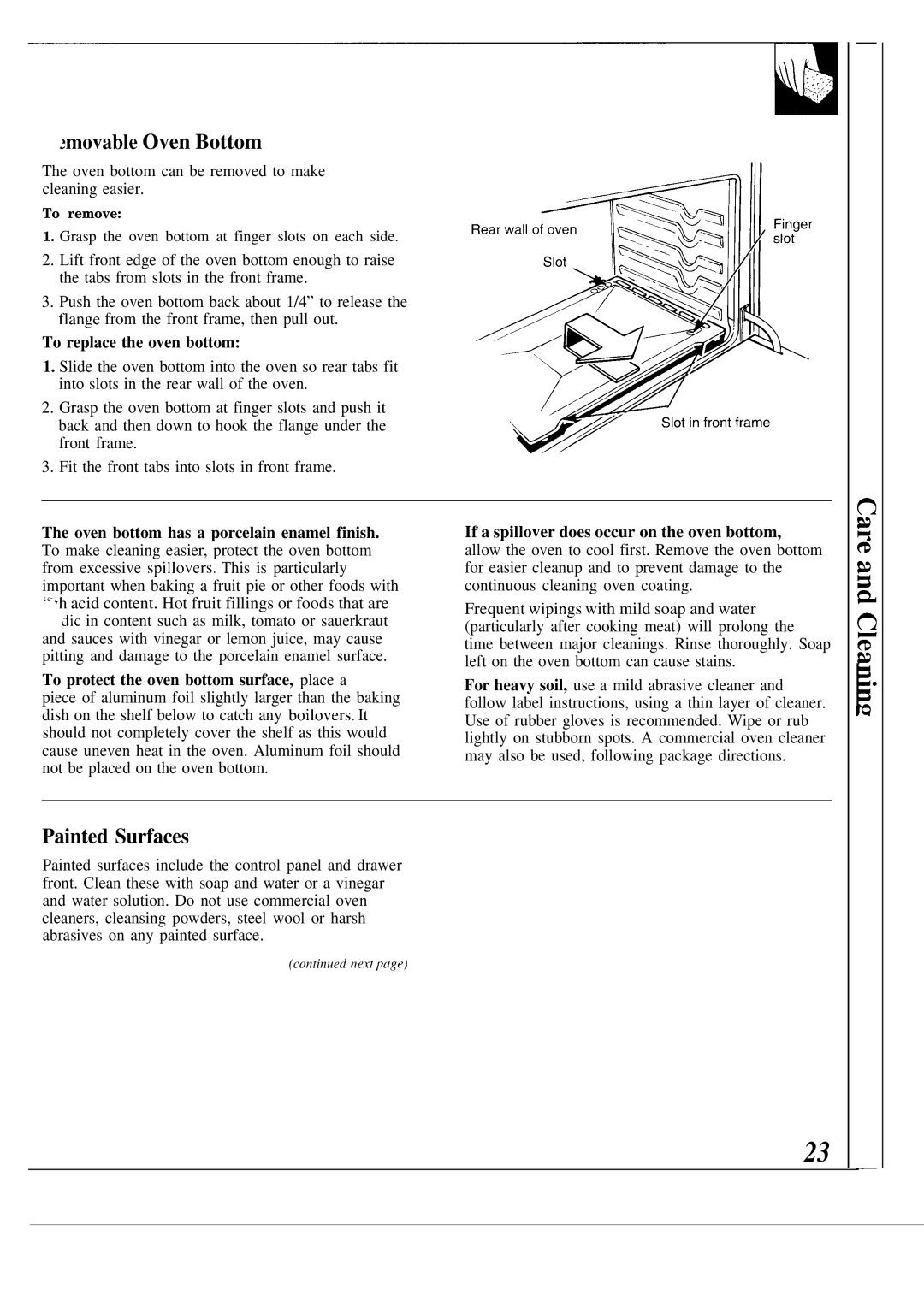 GE 164D2966P053, JGSC12 operating instructions Movable Oven Bottom, Painted Surfaces, To replace the oven bottom 