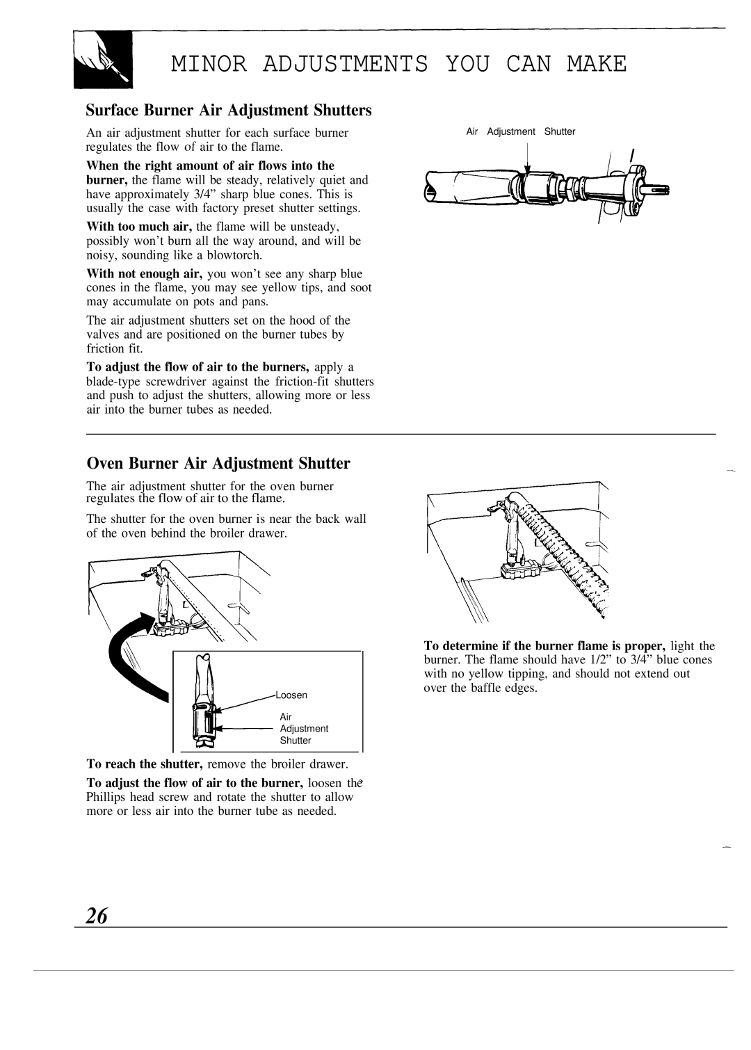 GE JGSC12 Minor Adjustments YOU can Make, Surface Burner Air Adjustment Shutters, Oven Burner Air Adjustment Shutter 