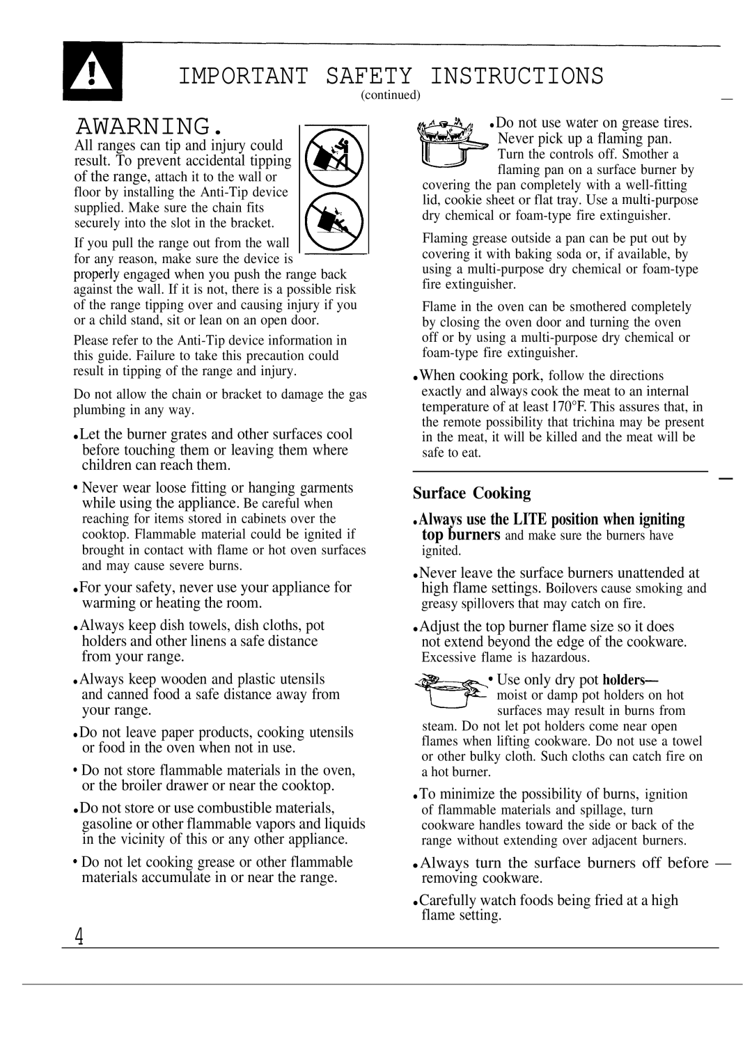 GE JGSC12, 164D2966P053 Instructions, Awarning, Surface Cooking Always use the Lite position when igniting 