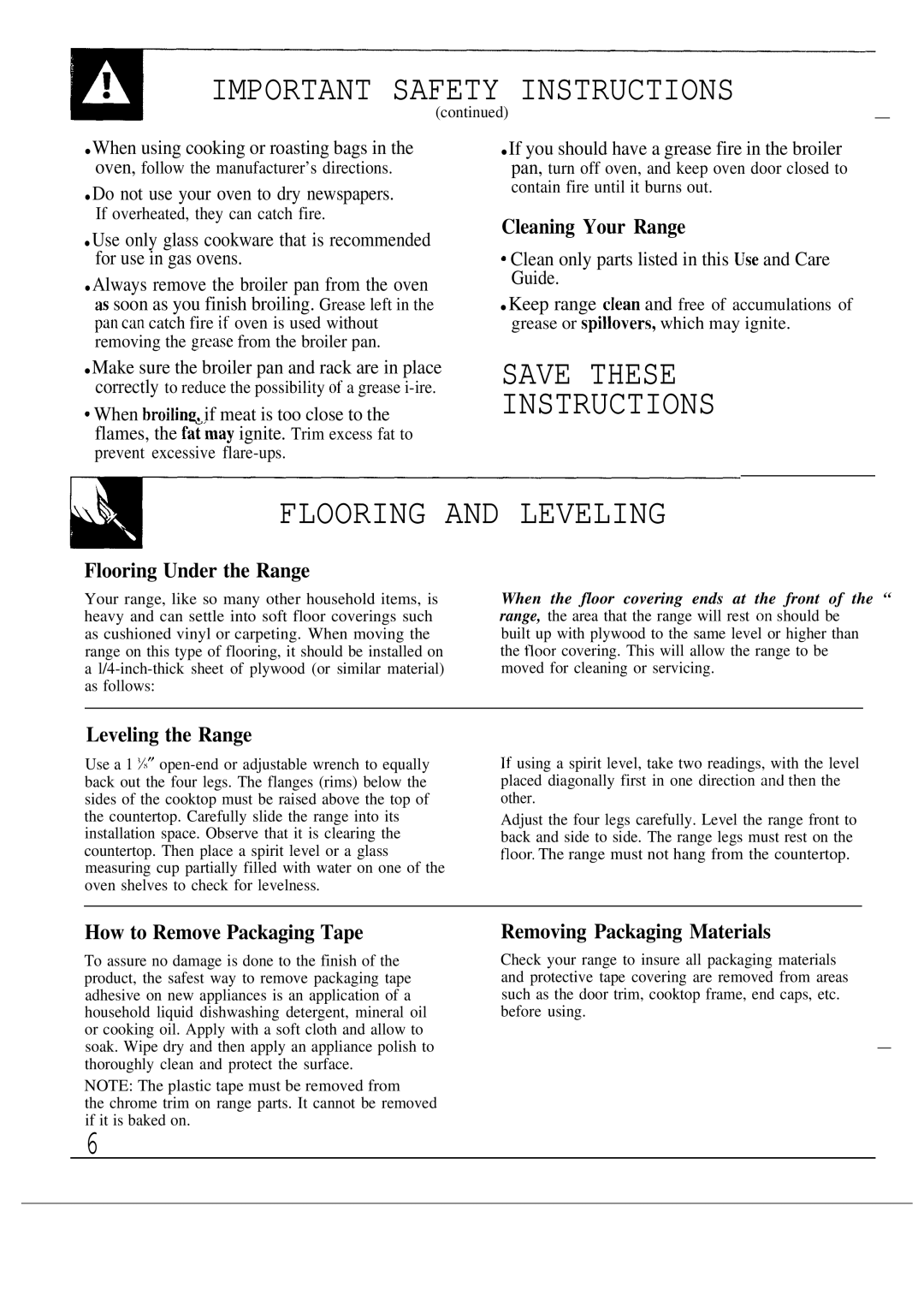 GE JGSC12, 164D2966P053 operating instructions Safety Instructions, Flooring and Leveling 