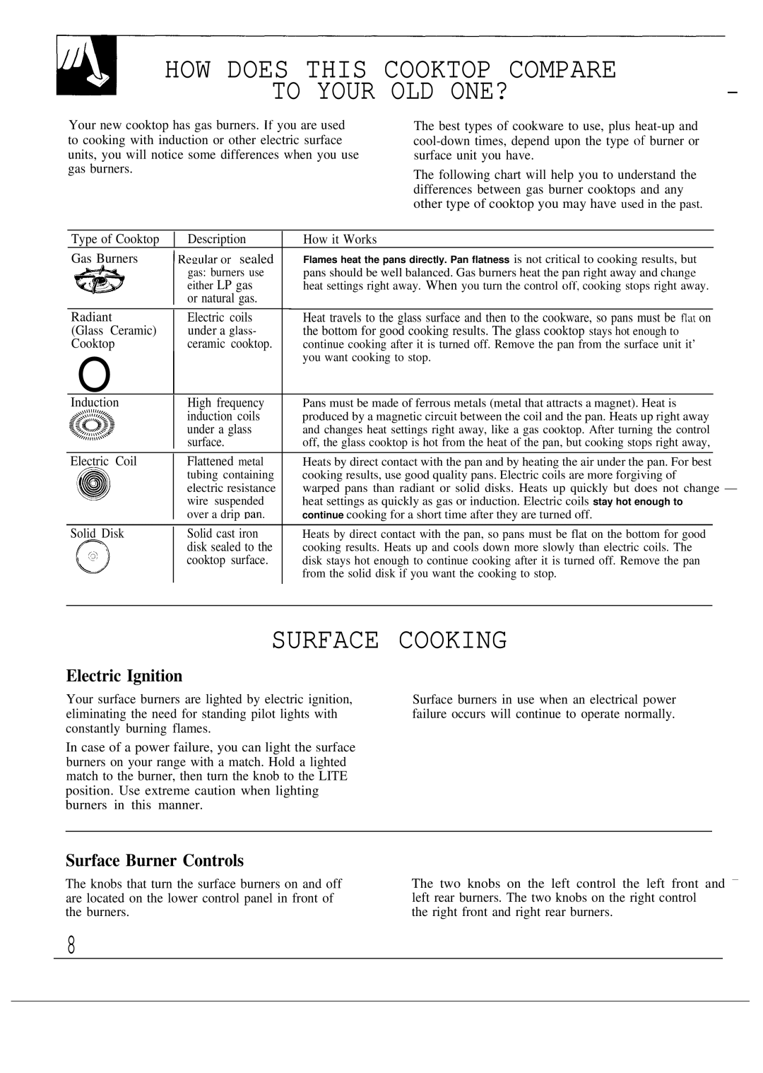 GE JGSC12 HOW does this Cooktop Compare Your OLD ONE?, Surface Cooking, Electric Ignition, Surface Burner Controls 