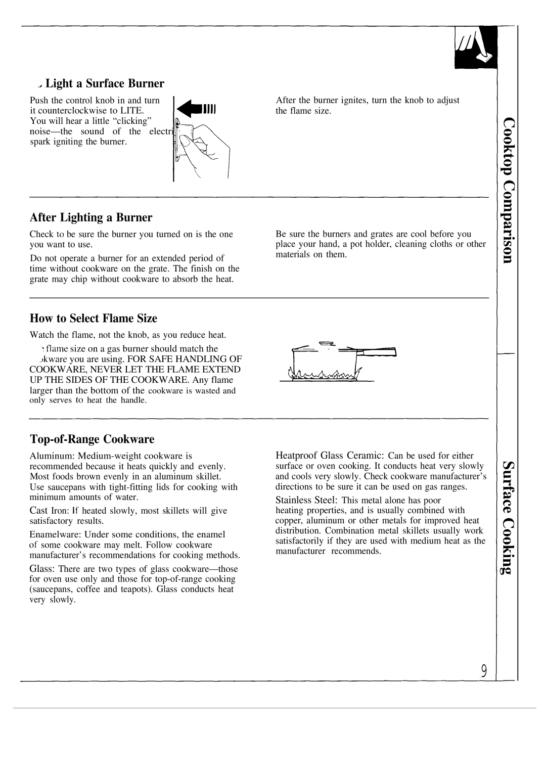 GE 164D2966P053, JGSC12 ~ Light a Surface Burner, After Lighting a Burner, How to Select Flame Size, Top-of-Range Cookware 