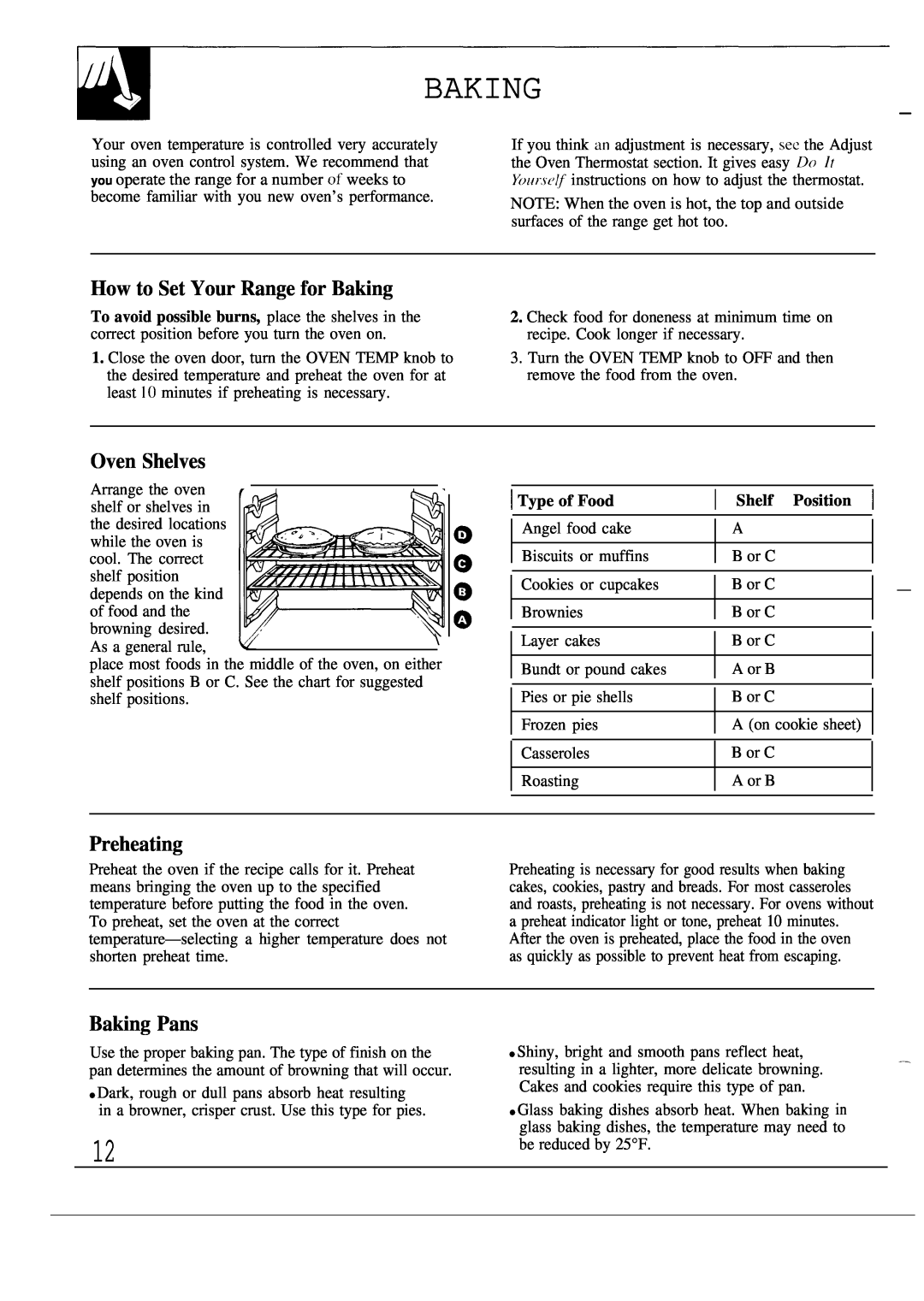GE JGSC12 How to Set Your Range for Baking, Oven Shelves, Preheating, Baking Pans, I Type of Food, Shelf Position 