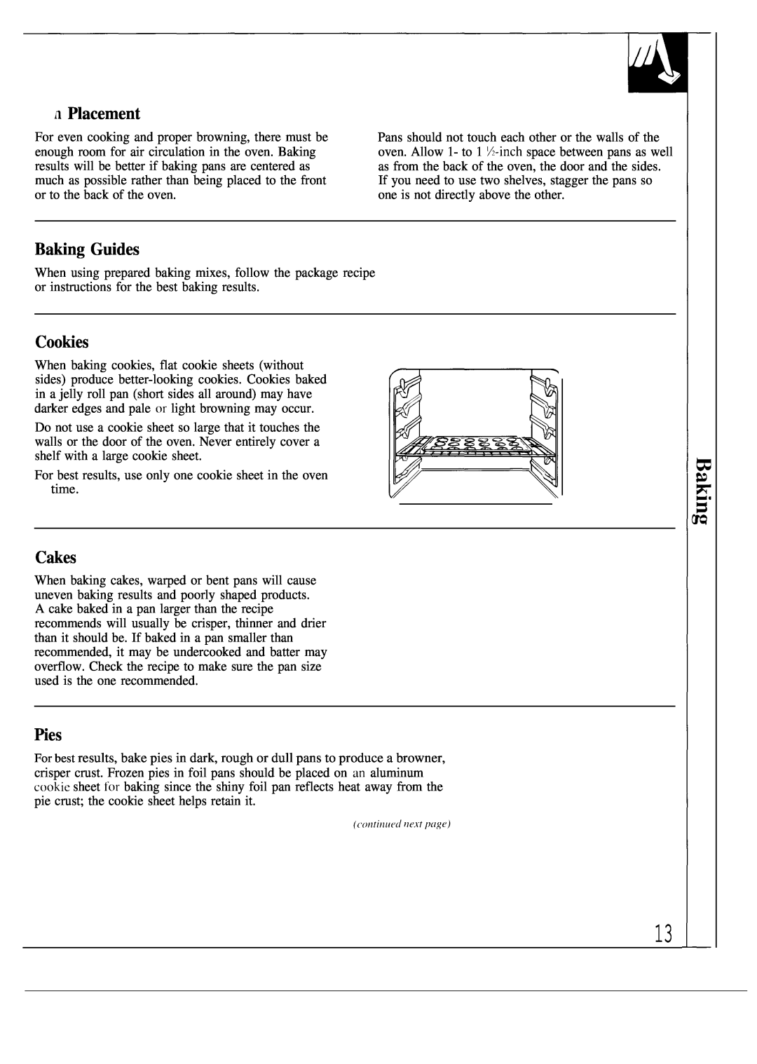 GE 164D2966P053, JGSC12 operating instructions n Placement, Baking Guides, Cookies, Cakes, Pies 