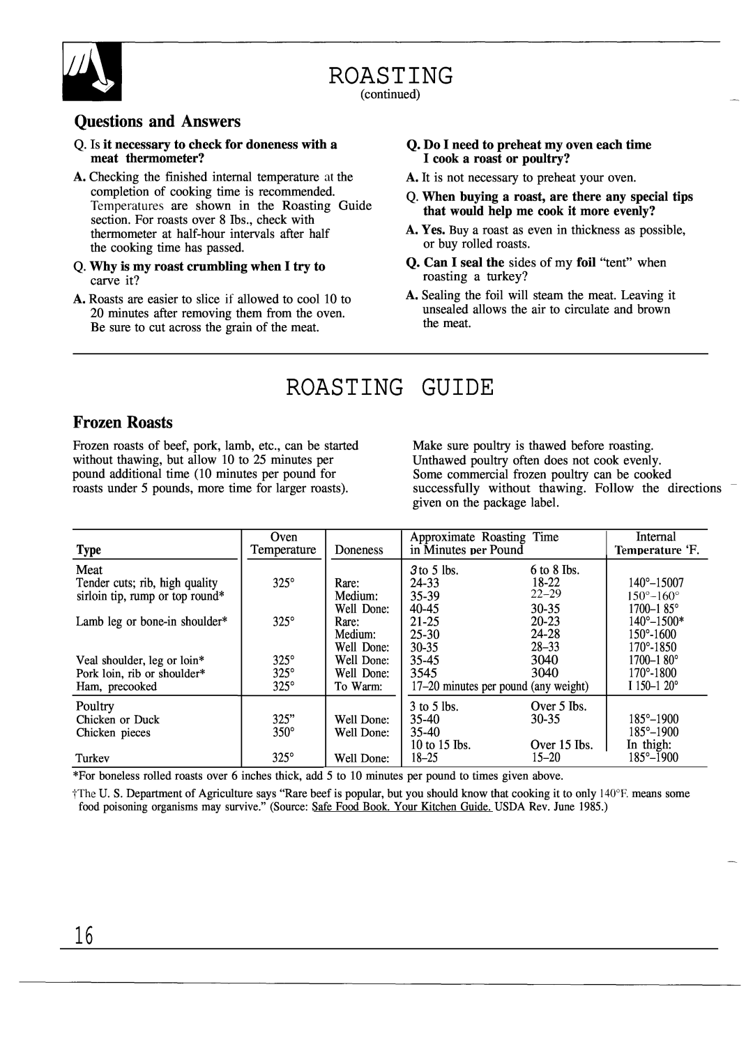 GE JGSC12, 164D2966P053 operating instructions Roasting Guide, Questions and Answers, Frozen Roasts, Type 