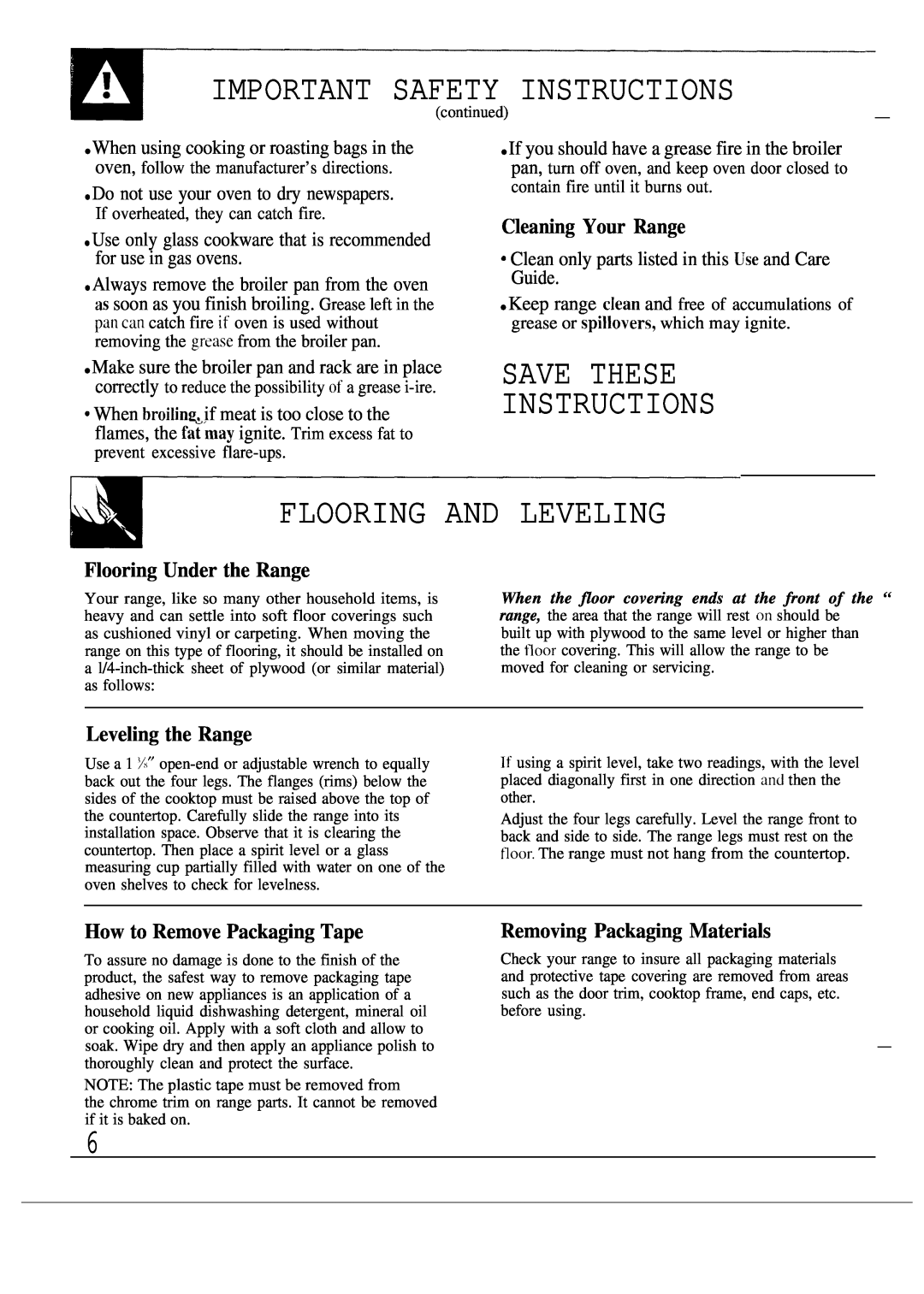 GE JGSC12 Safety Instructions, Flooring And Leveling, Cleaning Your Range, Flooring Under the Range, Leveling the Range 