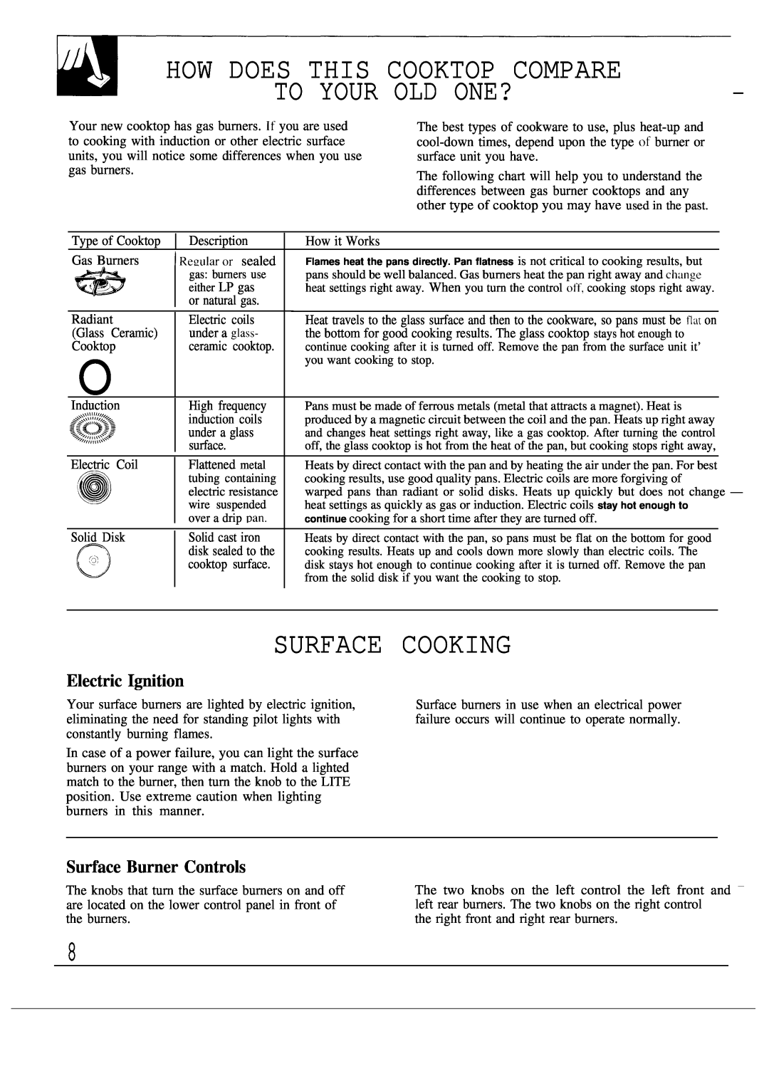 GE JGSC12 How Does This Cooktop Compare, Your, Old One?, Surface Cooking, Electric Ignition, Surface Burner Controls 