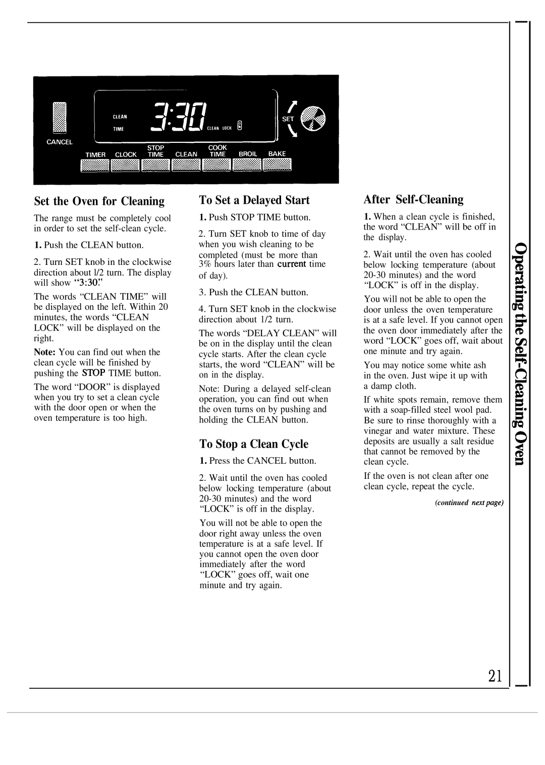 GE JGSP21GEP, JGSP20GEP manual Set the Oven for Cleaning, To Set a Delayed Start, To Stop a Clean Cycle, After Self-Cleaning 