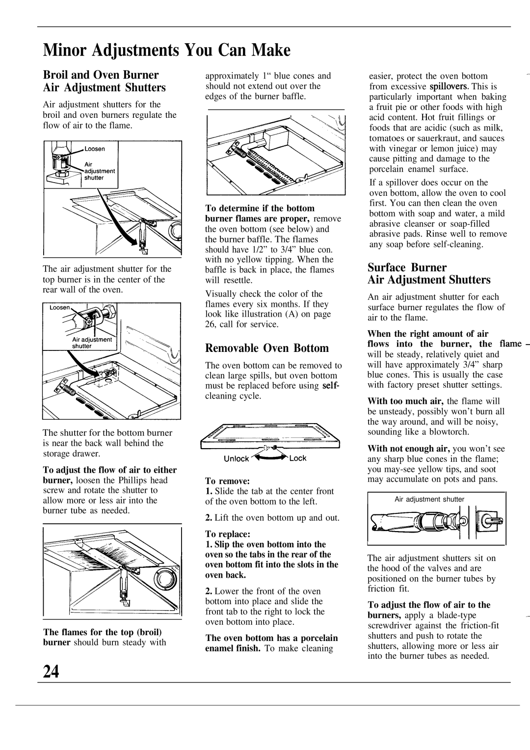 GE JGSP20GEP manual Minor Adjustments You Can Make, Broil and Oven Burner, Air Adjustment Shutters, Removable Oven Bottom 