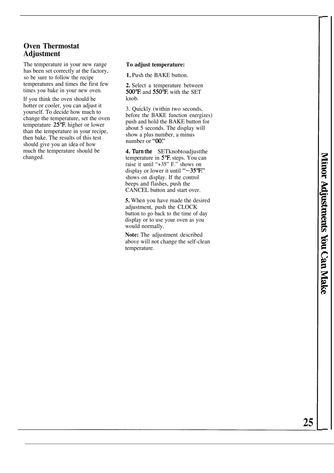 GE JGSP21GEP, JGSP20GEP manual Oven Thermostat Adjustment, To adjust temperature 