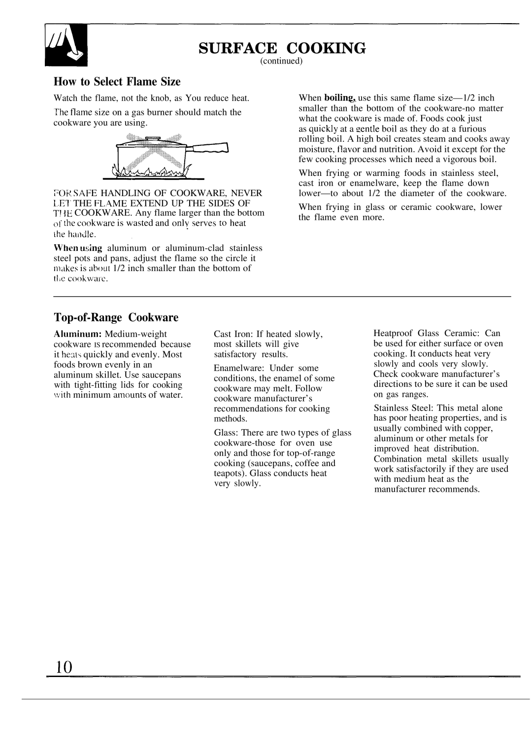 GE JGSP20GER, JGSP21GER operating instructions Surface Cooking, How to Select Flame Size, Top-of-Range Cookware 