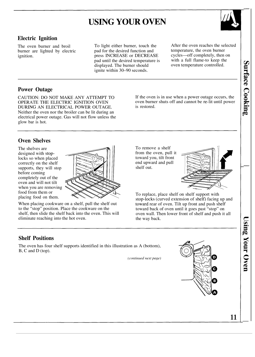 GE JGSP21GER, JGSP20GER operating instructions Power Outage, Oven Shelves, Shelf Positions 