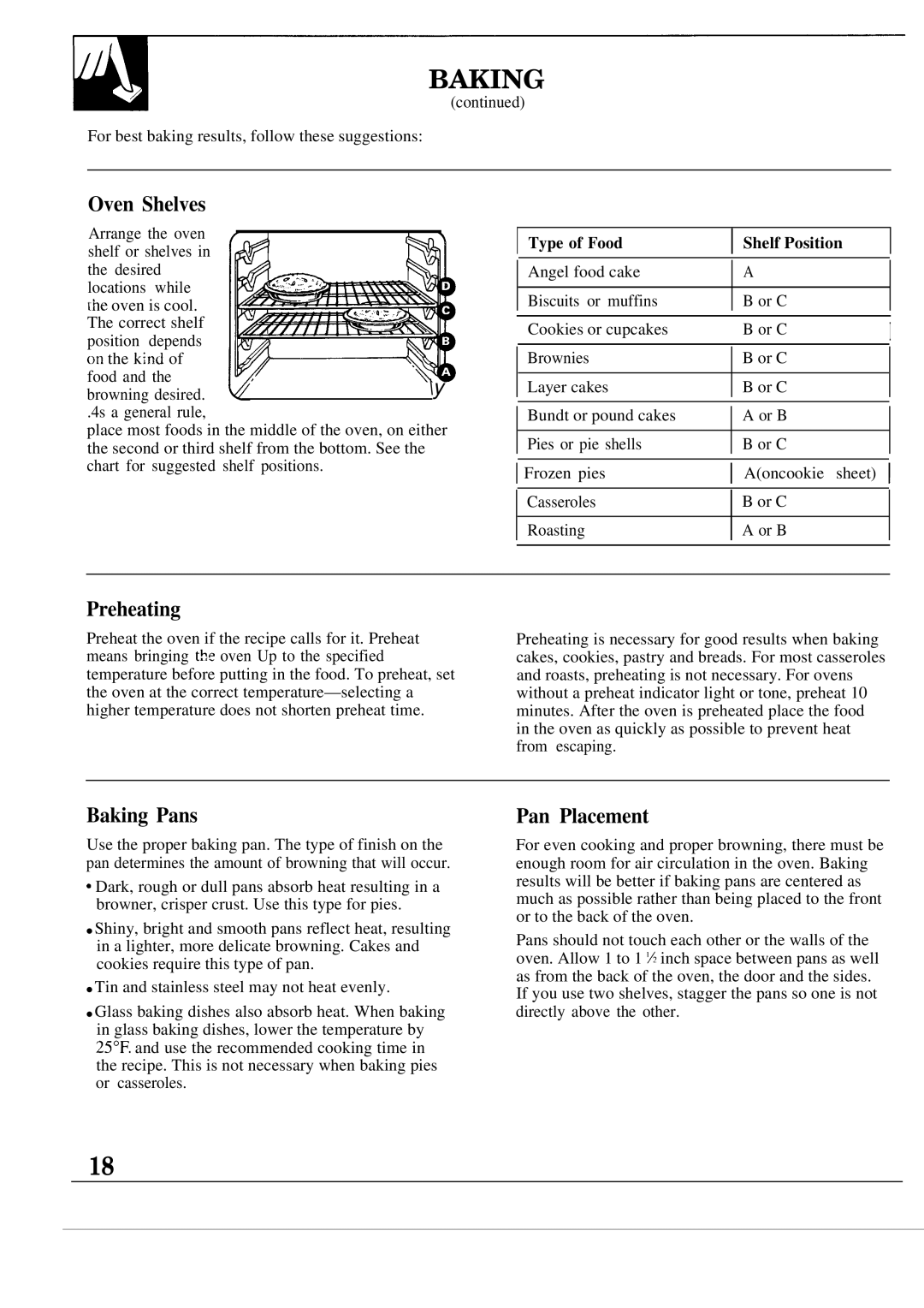 GE JGSP20GER, JGSP21GER operating instructions Preheating, Baking Pans, Pan Placement, Type of Food Shelf Position 