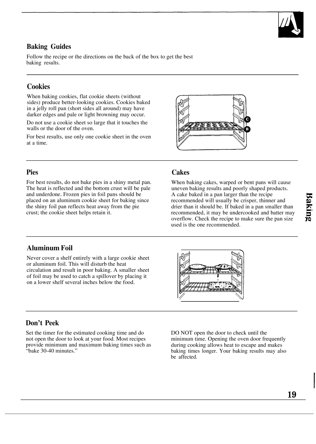 GE JGSP21GER, JGSP20GER operating instructions Baking Guides, Pies, Cakes, Aluminum Foil, Don’t Peek 