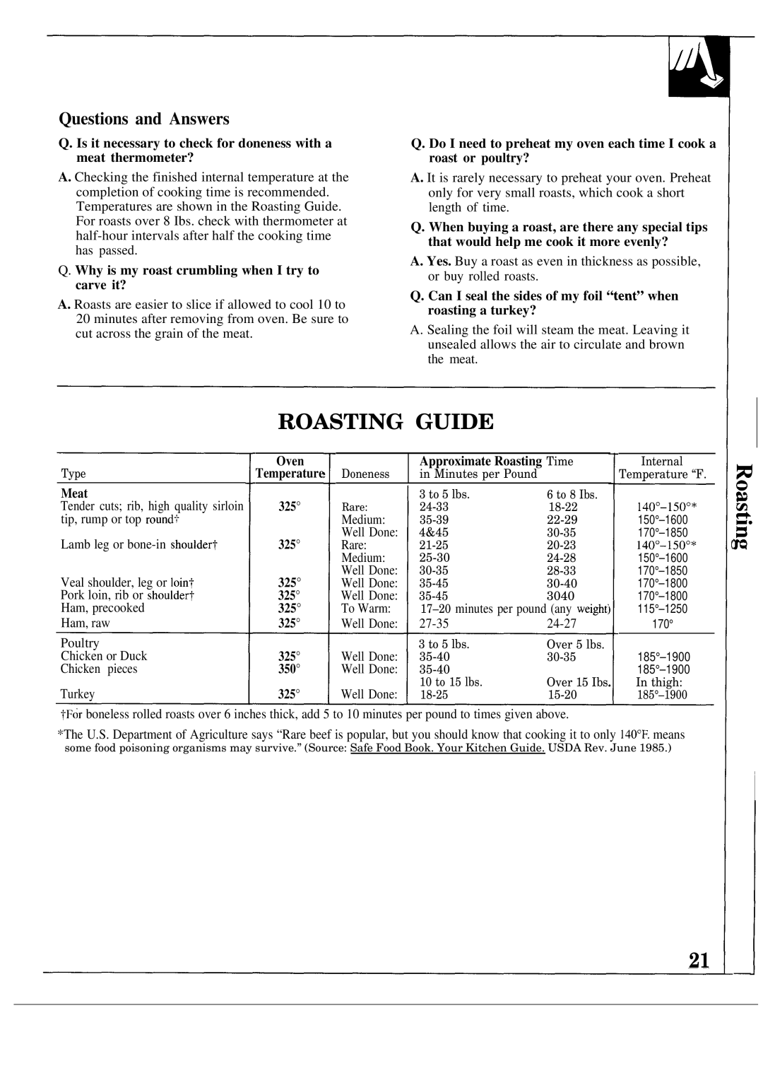 GE JGSP21GER, JGSP20GER operating instructions Roasting Guide, Questions and Answers 