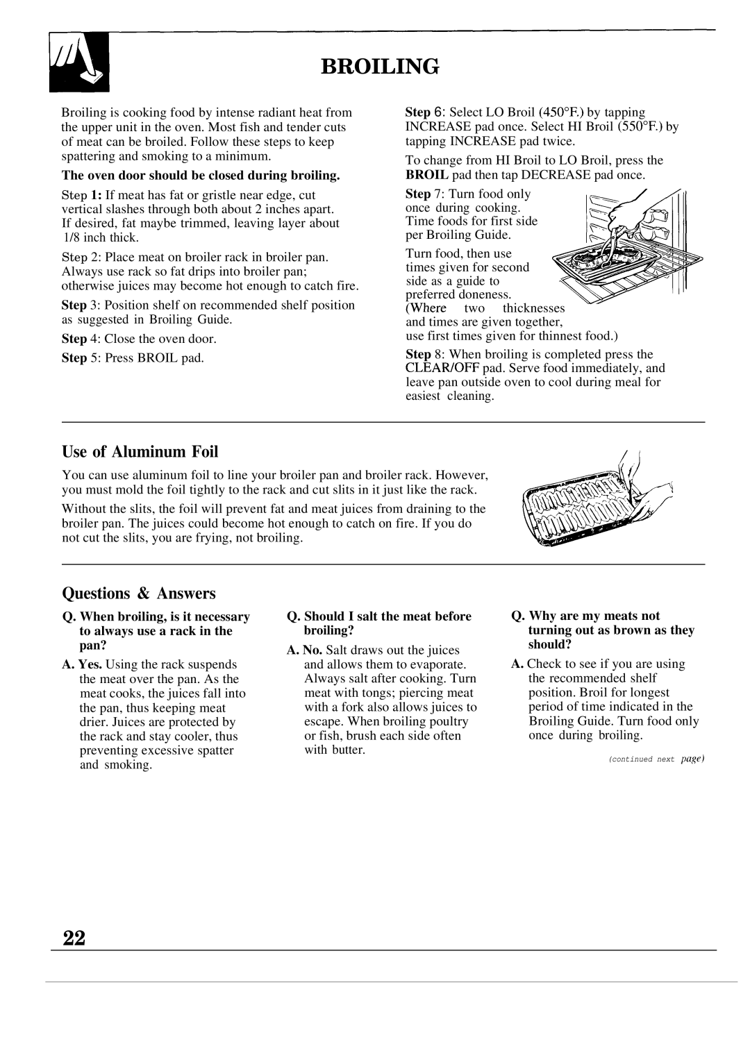 GE JGSP20GER, JGSP21GER operating instructions Broiling, Use of Aluminum Foil, Questions & Answers 