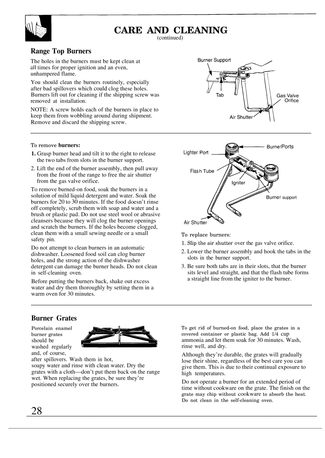 GE JGSP20GER, JGSP21GER operating instructions Care and Cleaning, Range Top Burners, Burner Grates 