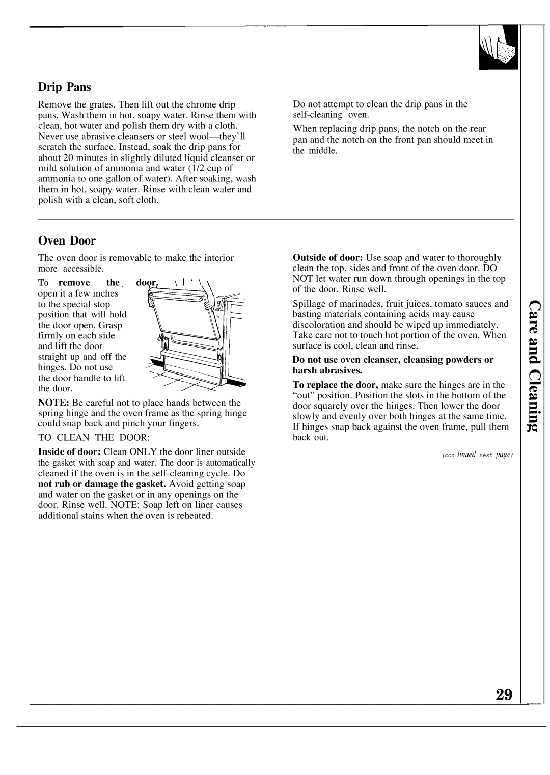 GE JGSP21GER, JGSP20GER operating instructions Drip Pans, Oven Door, To remove, Door. \ I ‘ 