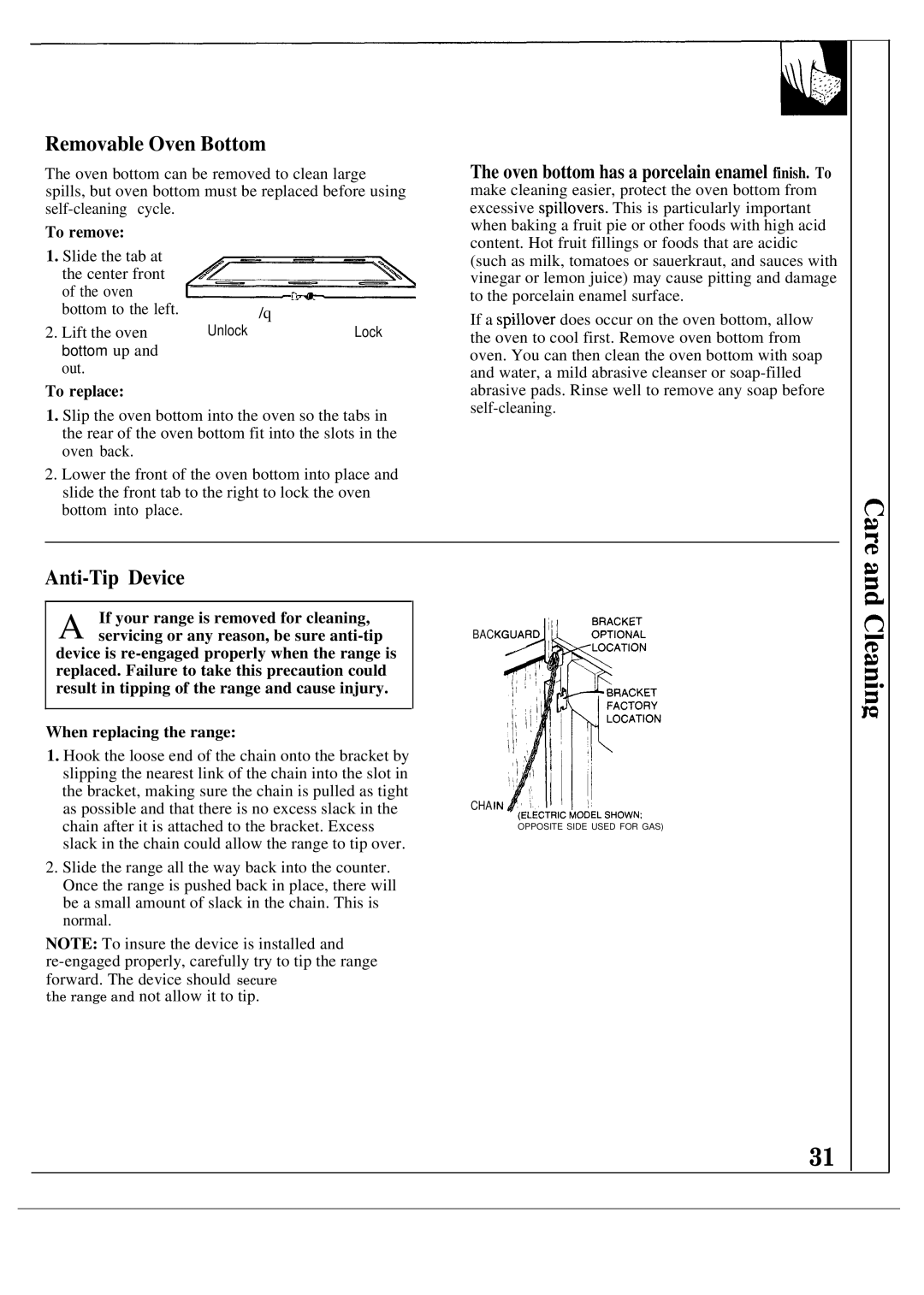 GE JGSP21GER, JGSP20GER operating instructions Removable Oven Bottom, Anti-Tip Device 