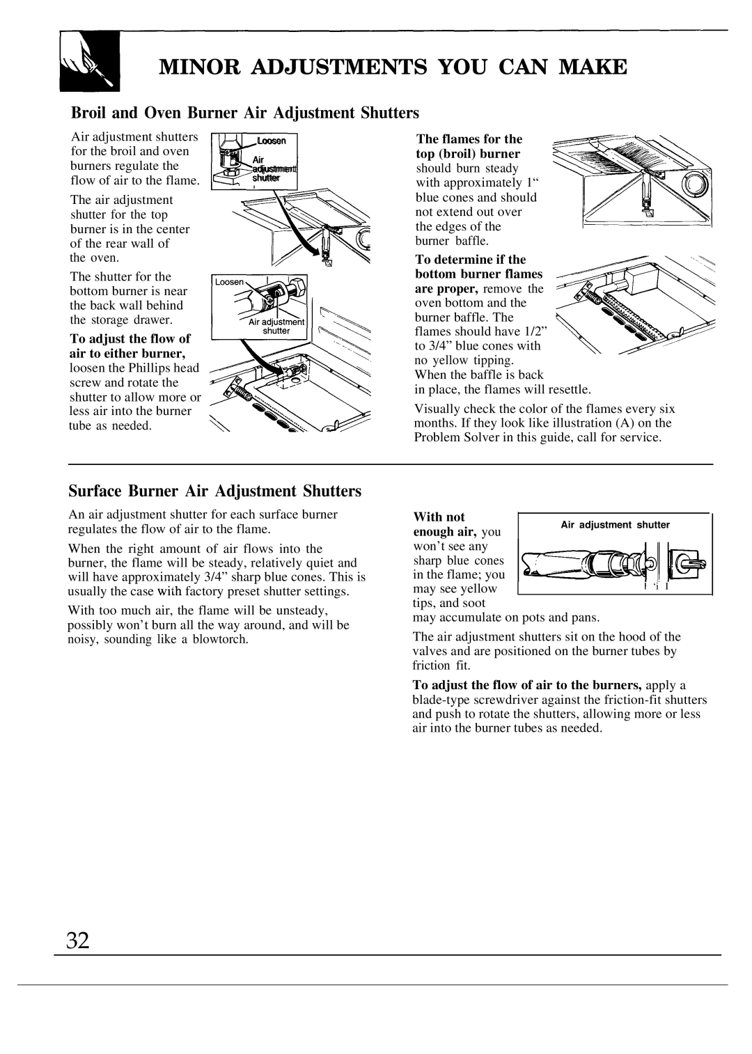 GE JGSP20GER, JGSP21GER Minor Adjustments YOU can Make, Broil and Oven Burner Air Adjustment Shutters, With not 