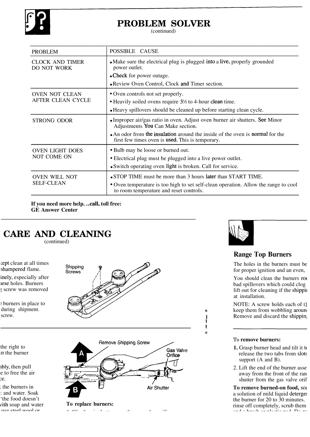 GE JGSP20GER, JGSP21GER Problem Solver, If you need more help. ..call, toll free GE Answer Center, To replace burners 