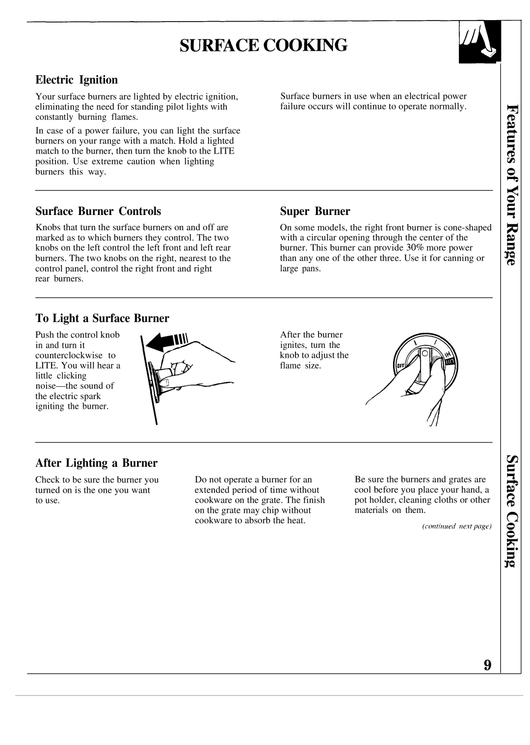 GE JGSP21GER Electric Ignition, Surface Burner Controls, Super Burner, To Light a Surface Burner, After Lighting a Burner 