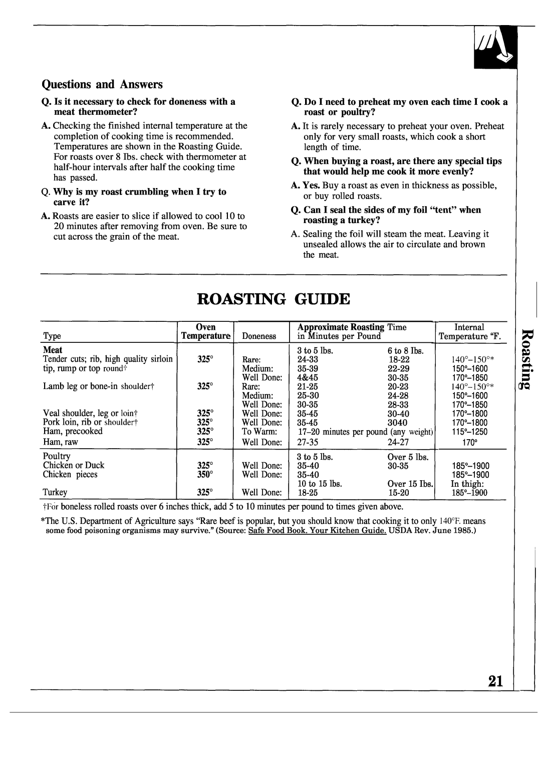 GE JGSP21GER, JGSP20GER operating instructions Roasting Guide, Questions and Answers, Oven, Approximate Roasting Time, Meat 