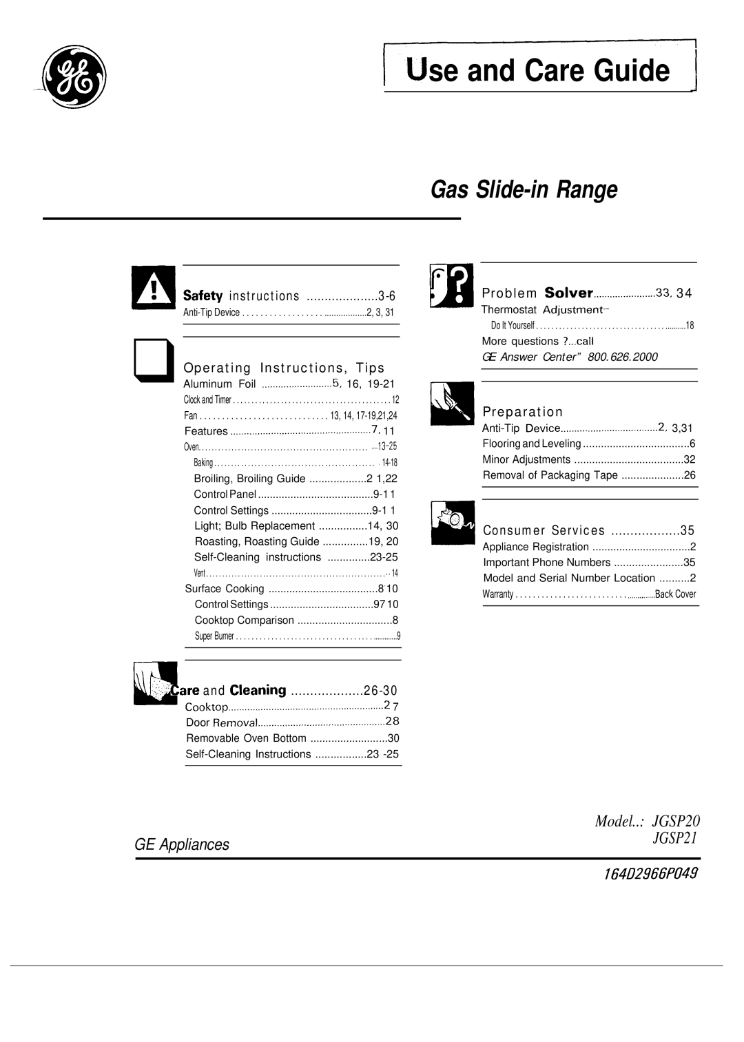 GE JGSP20, JGSP21 warranty IJse and Care Guide 