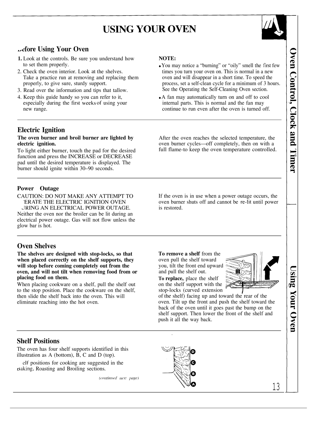 GE JGSP20, JGSP21 warranty Efore Using Your Oven, Electric Ignition, Oven Shelves, Shelf Positions, To remove a shelf from 