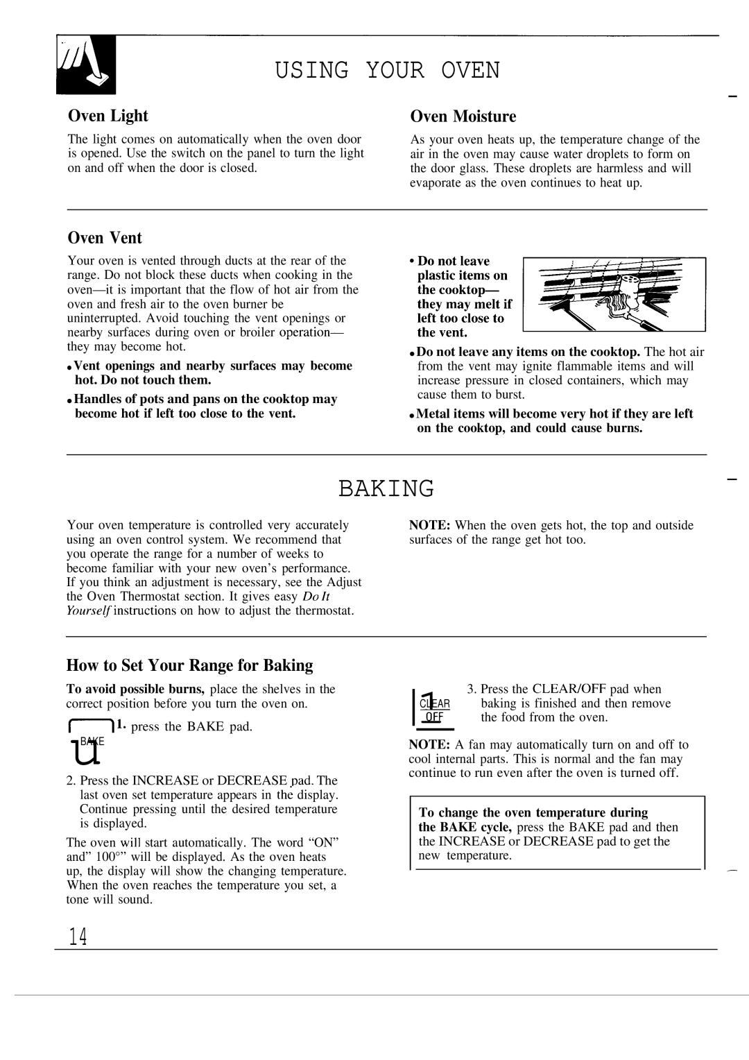 GE JGSP21, JGSP20 warranty Using Your Oven, Oven Light, Oven Vent, How to Set Your Range for Baking 