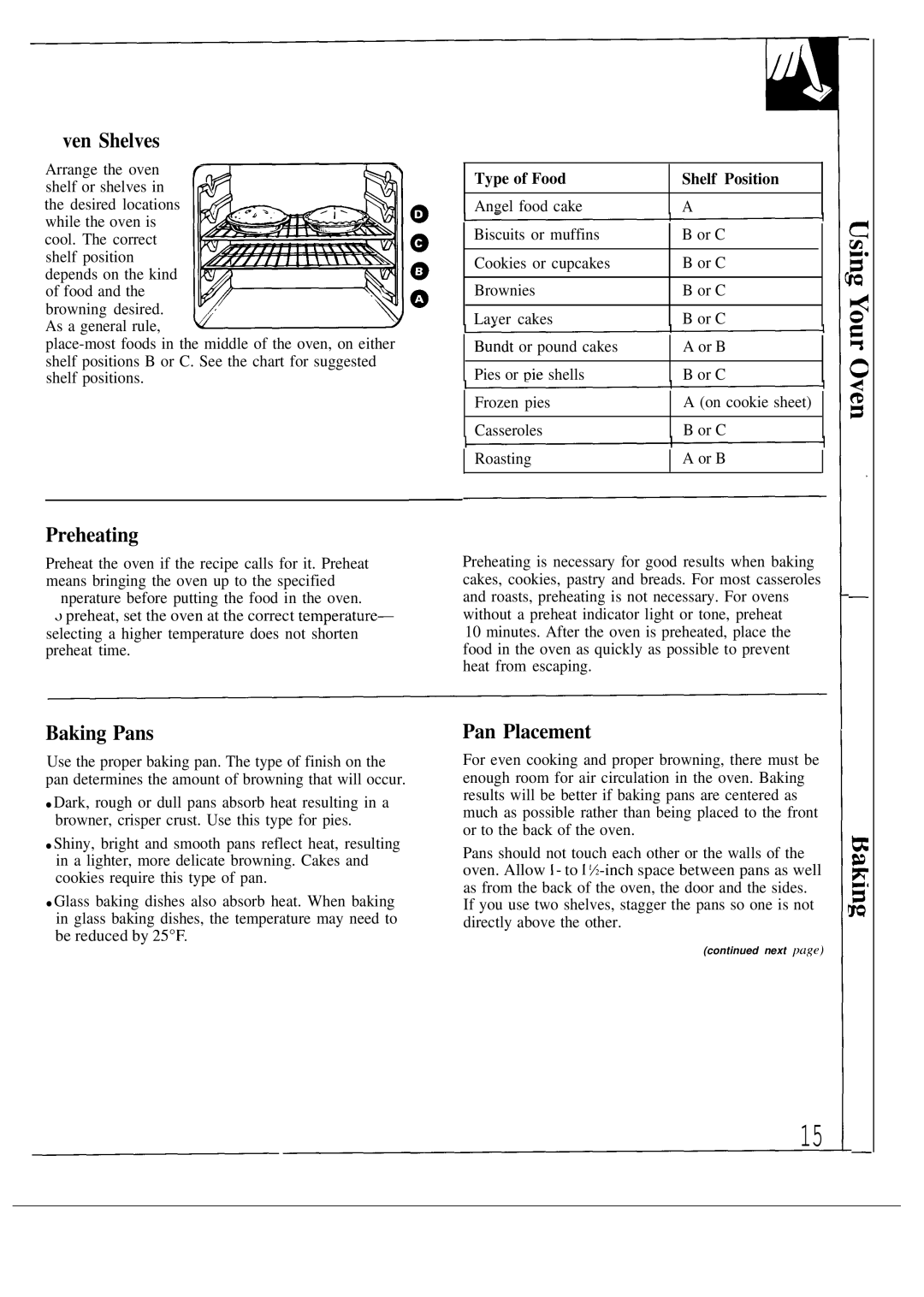 GE JGSP20, JGSP21 warranty Ven Shelves, Preheating, Baking Pans, Pan Placement, Type of Food Shelf Position 