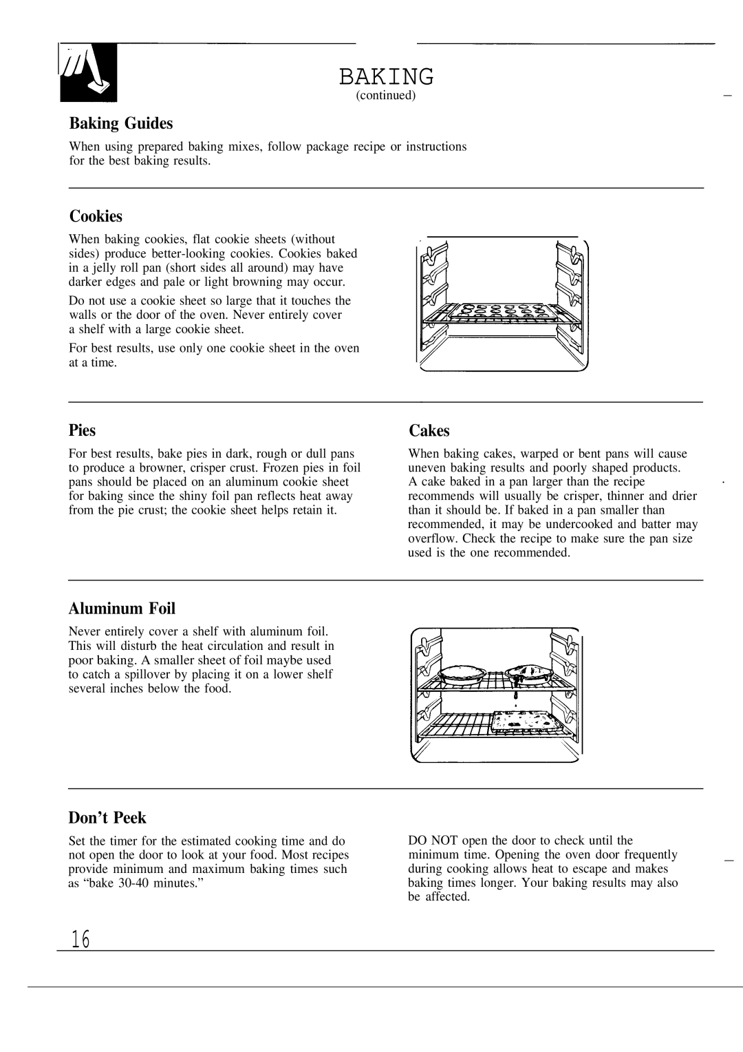 GE JGSP21, JGSP20 warranty Baking Guides, Cookies, Pies, Aluminum Foil, Don’t Peek 