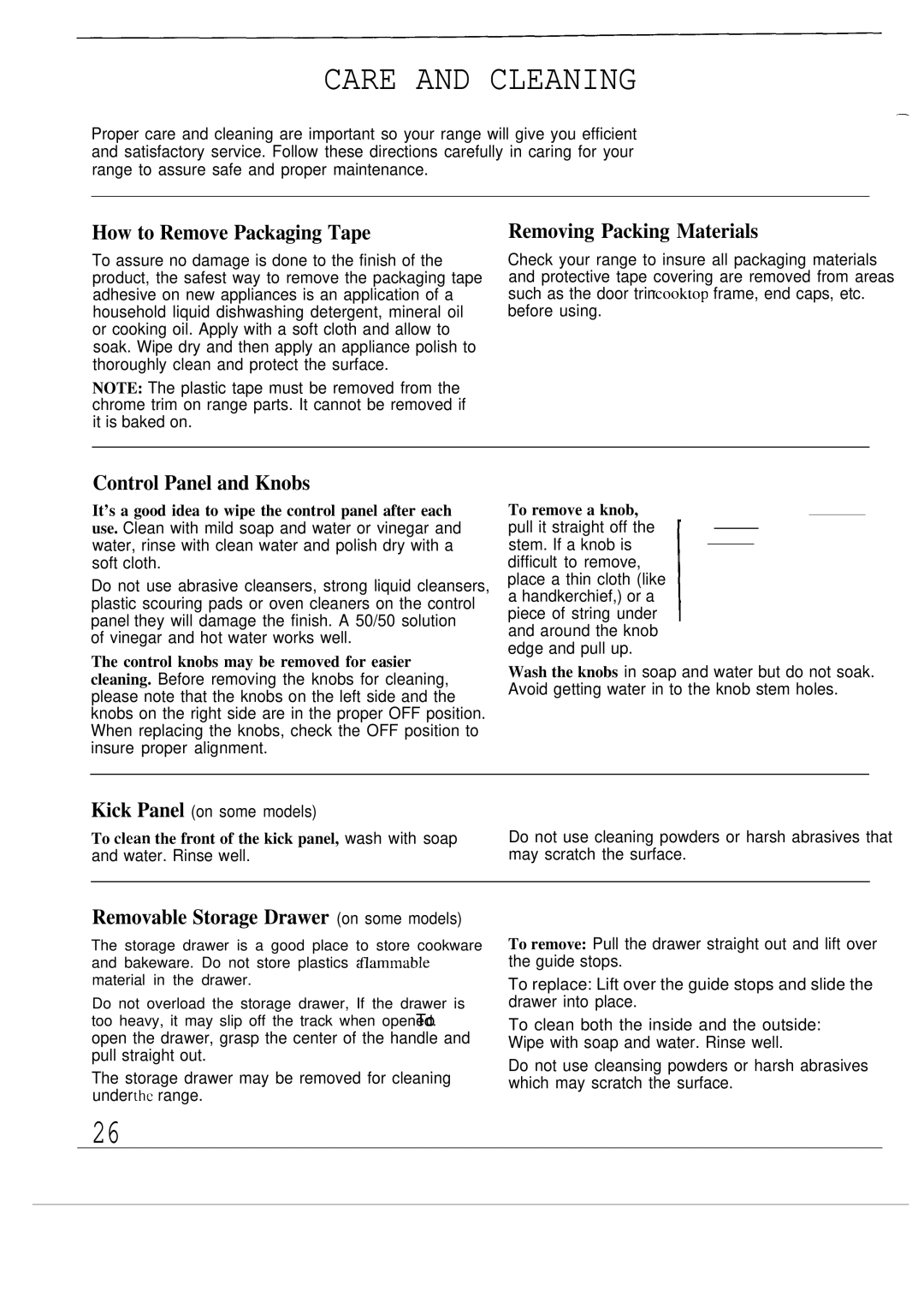 GE JGSP21, JGSP20 Care and Cleaning, How to Remove Packaging Tape, Removing Packing Materials, Control Panel and Knobs 