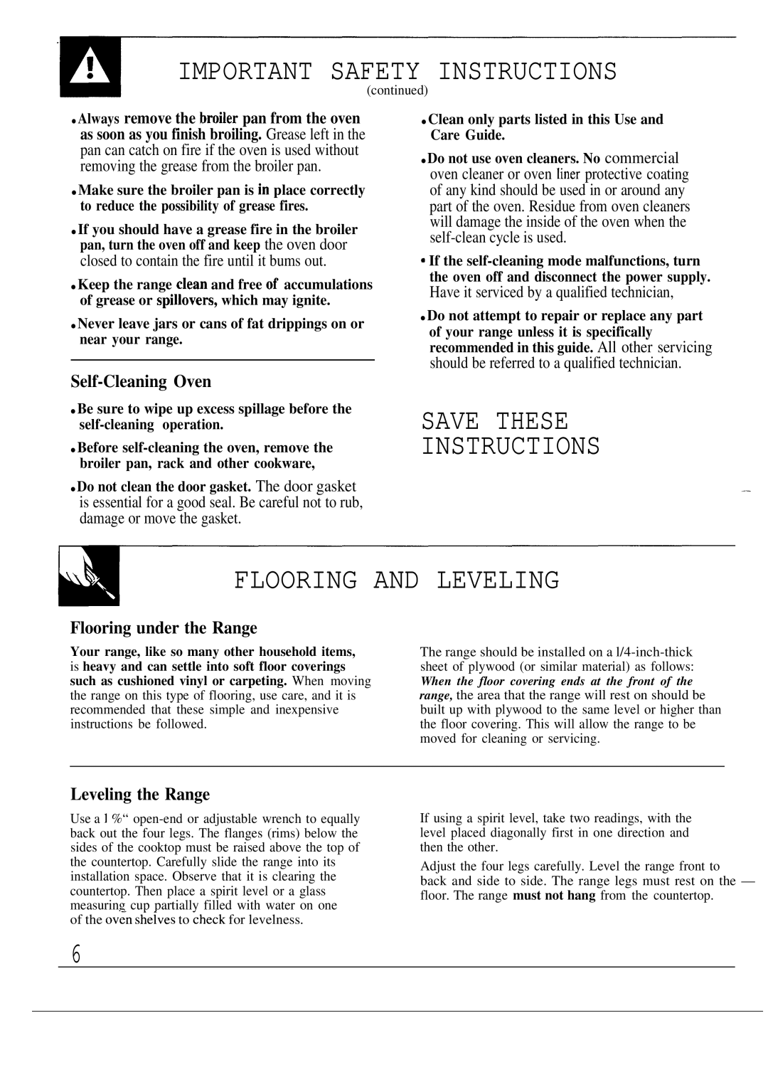 GE JGSP21 Save These Instructions Flooring and Leveling, Self-Cleaning Oven, Flooring under the Range, Leveling the Range 