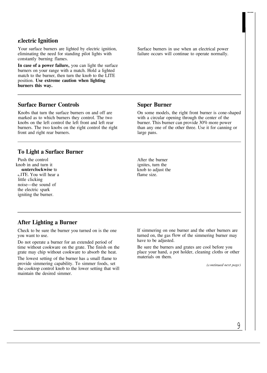 GE JGSP20 Filectric Ignition, Surface Burner Controls, Super Burner, To Light a Surface Burner, After Lighting a Burner 