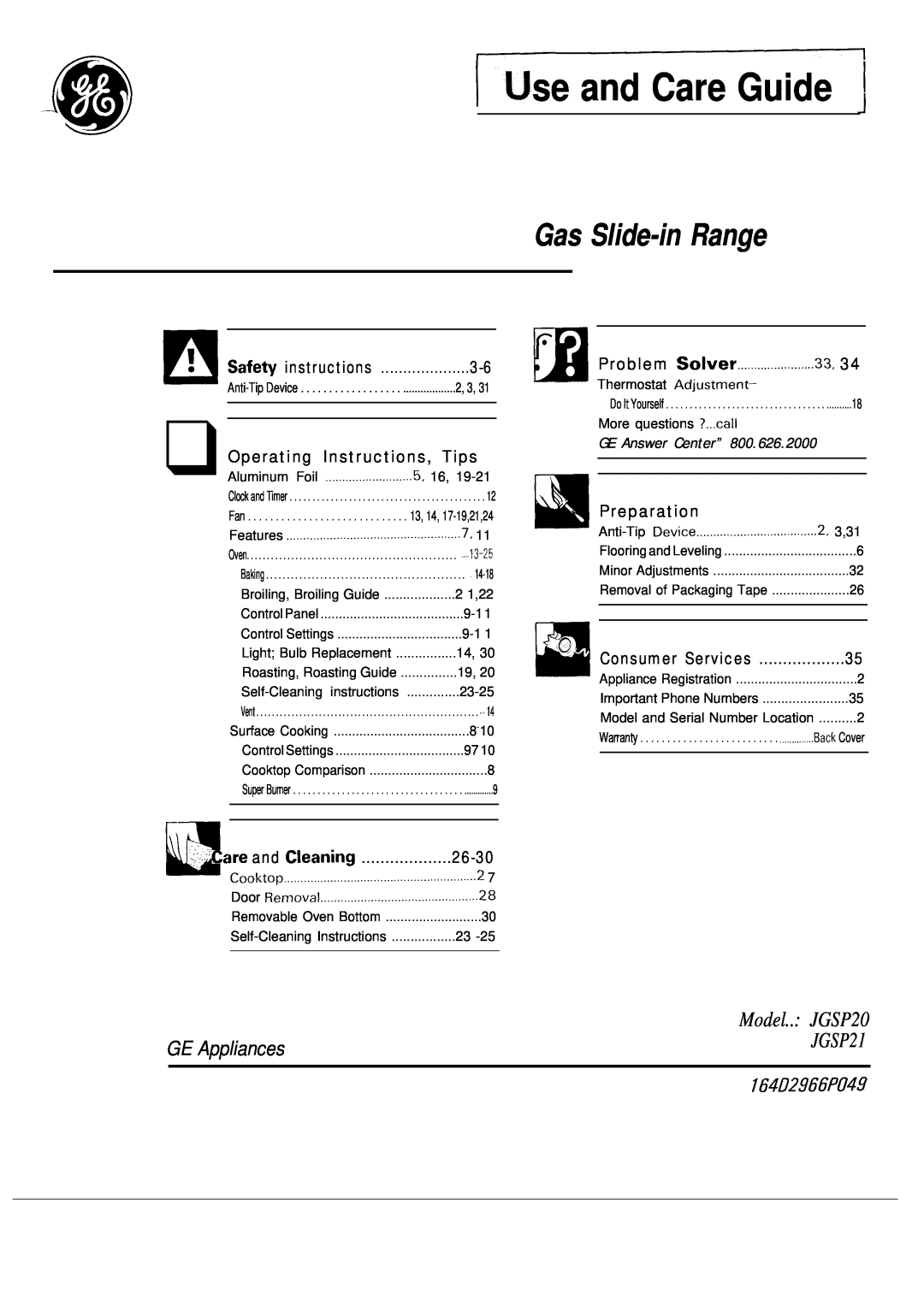 GE warranty IJse and Care Guide, Gas Slide-in Range, Model.. JGSP20, 164L72966P049, GE Appliances, JGSP21, 26-30, 3,31 