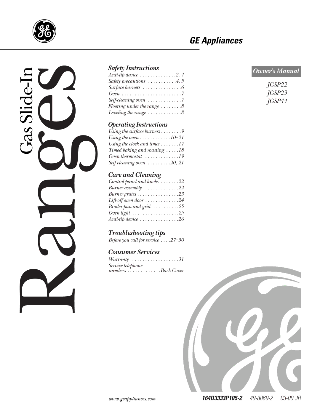 GE JGSP22 owner manual RangesGas Slide-In 