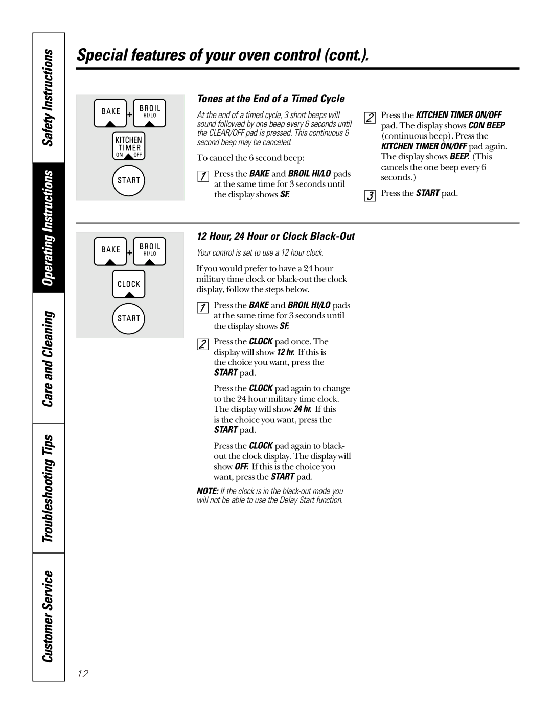 GE JGSP22 owner manual Instructions, Tones at the End of a Timed Cycle, Hour, 24 Hour or Clock Black-Out 