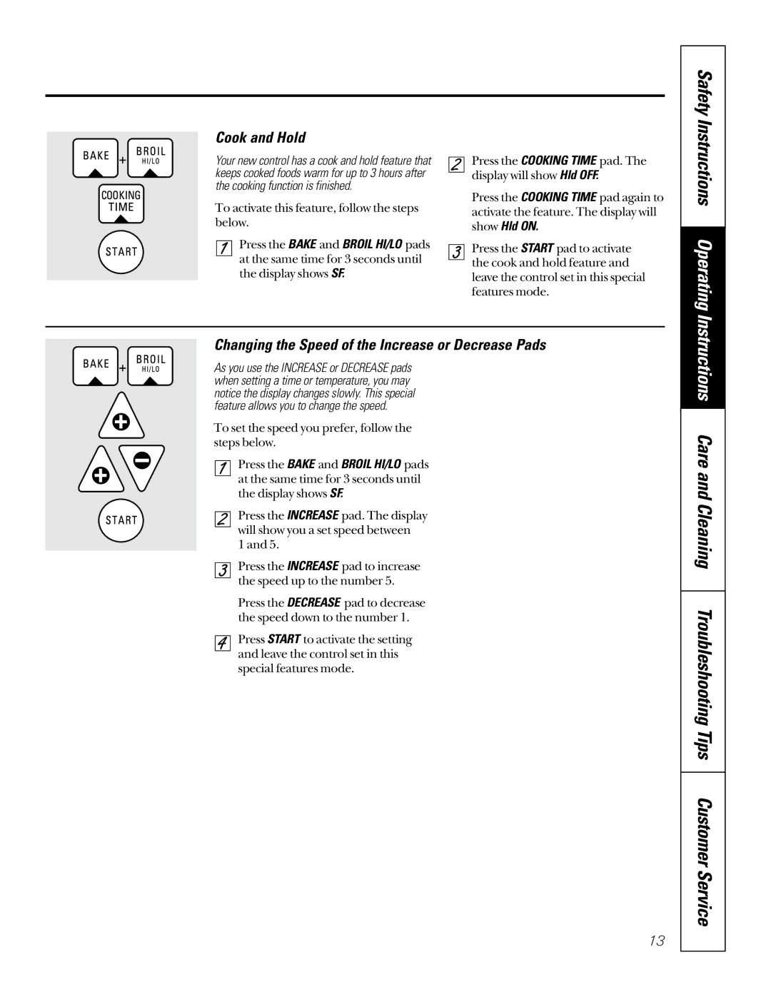 GE JGSP22 owner manual Safety Instructions Operating, Cook and Hold, Changing the Speed of the Increase or Decrease Pads 