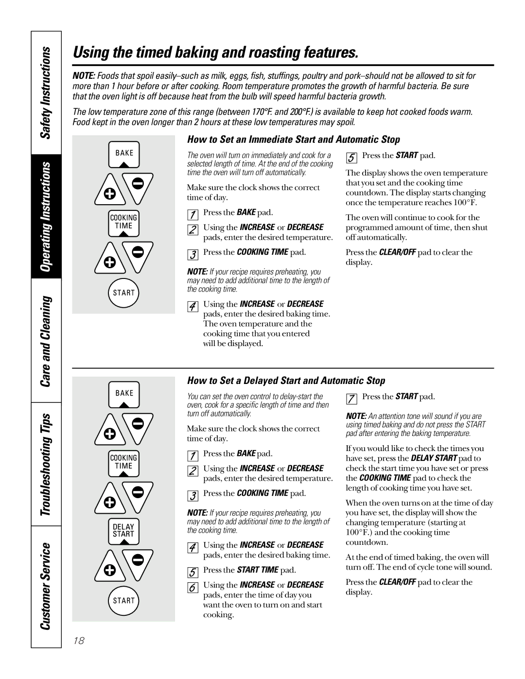 GE JGSP22 Using the timed baking and roasting features, Safety Instructions, Customer Service Troubleshooting Tips 