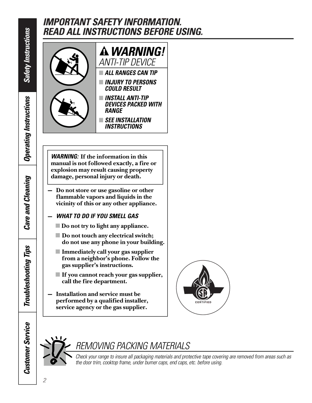 GE JGSP22 owner manual ANTI-TIP Device, Removing Packing Materials 