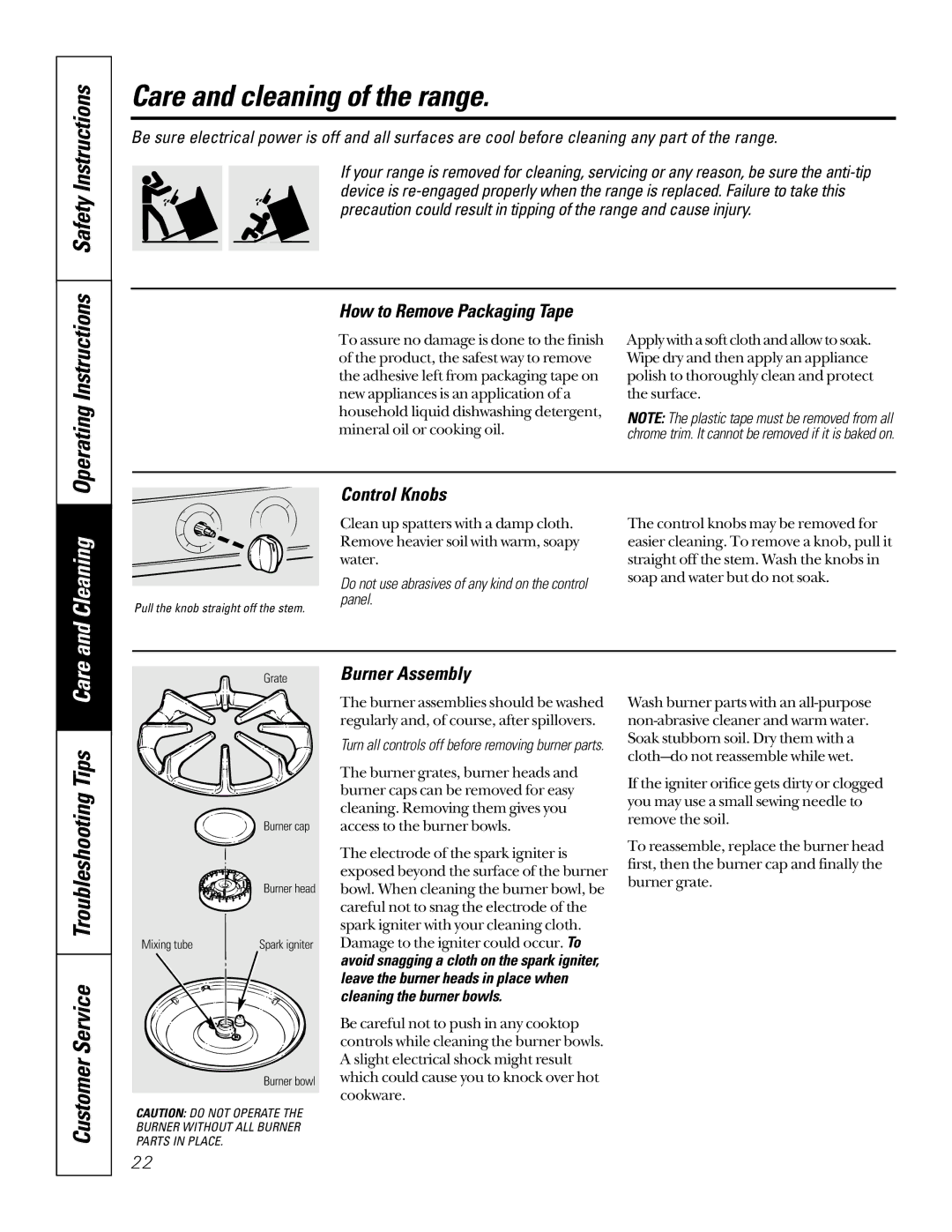 GE JGSP22 owner manual Care and cleaning of the range, How to Remove Packaging Tape, Control Knobs, Burner Assembly 