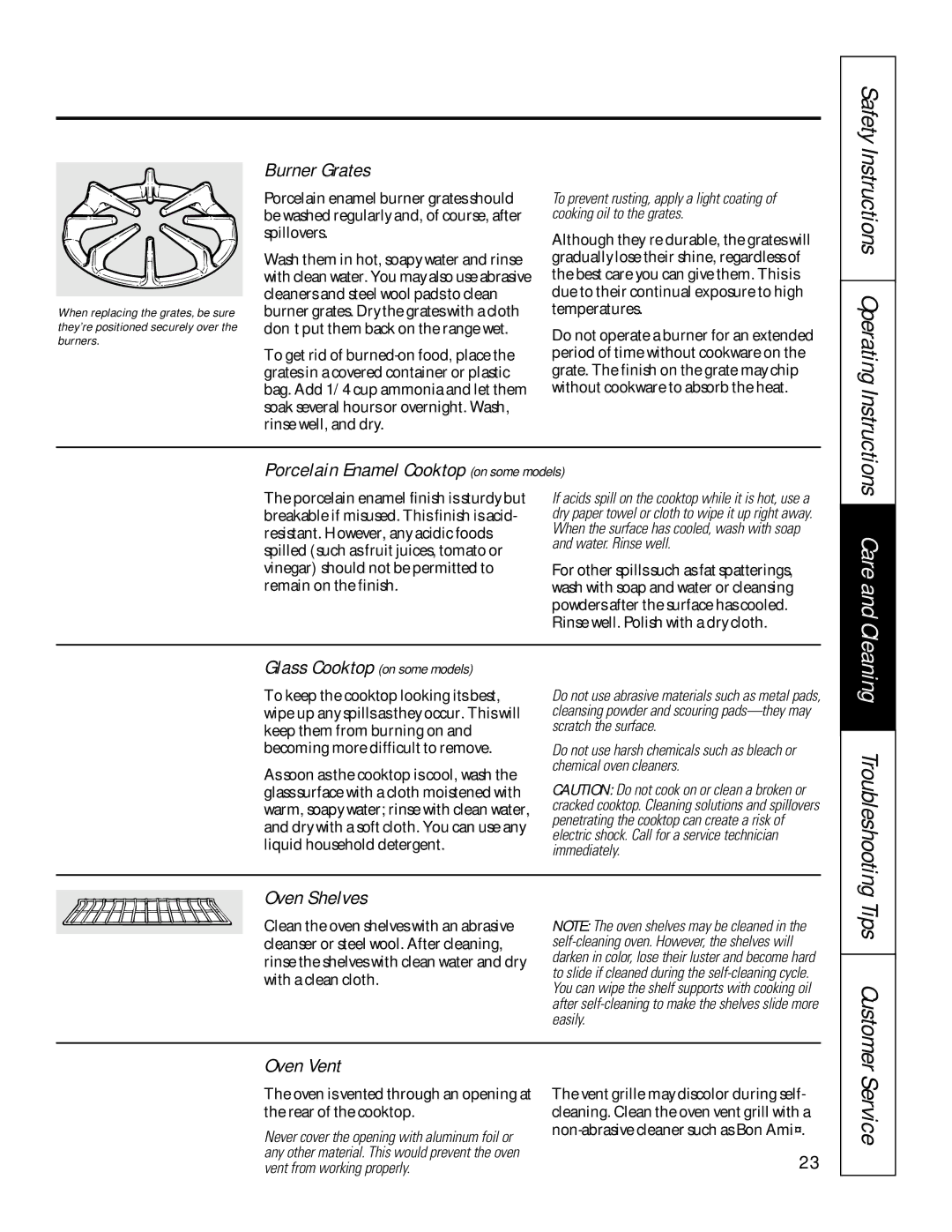GE JGSP22 owner manual Burner Grates, Oven Shelves, Cleaning Troubleshooting 