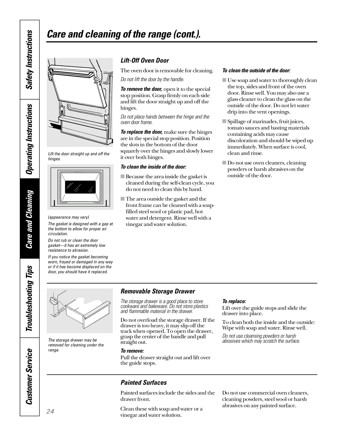 GE JGSP22 owner manual Tips Care and Cleaning Operating Instructions Safety, Lift-Off Oven Door, Removable Storage Drawer 