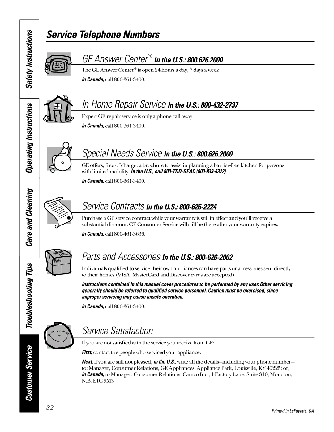 GE JGSP22 owner manual Service Telephone Numbers, Special Needs Service In the U.S 